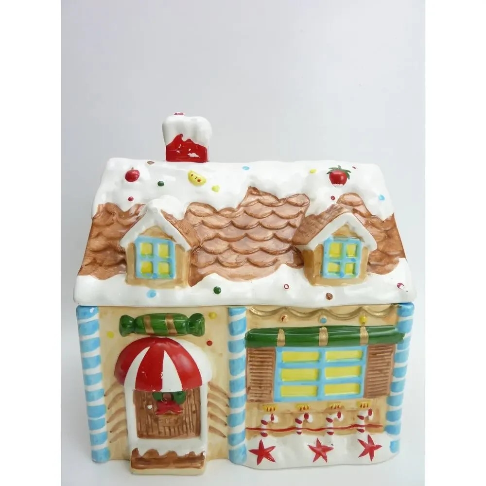 Vintage Gingerbread House Christmas Cookie Jar Ceramic Box with Lid